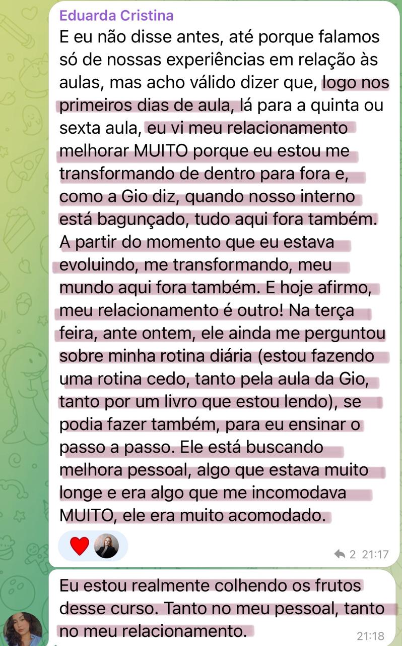 Depoimento de Eduarda Cristina sobre transformação pessoal e no relacionamento