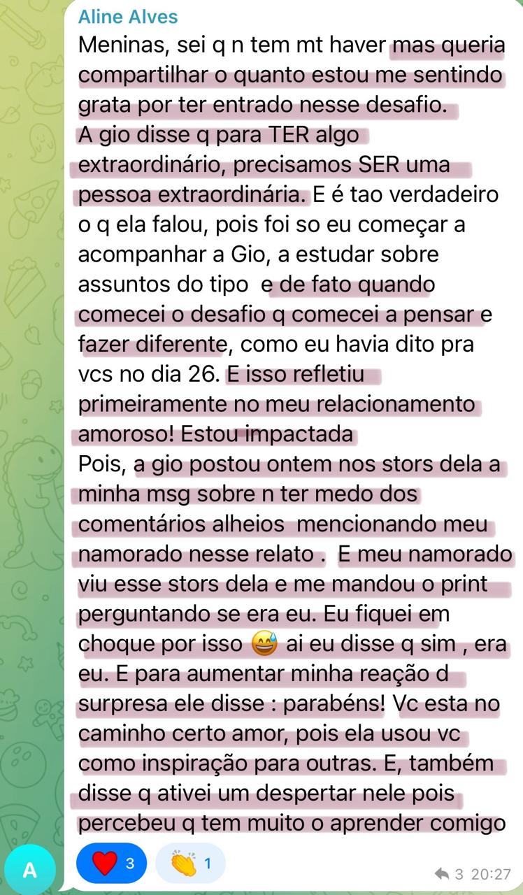 Depoimento de Aline Alves sobre gratidão e mudança de postura